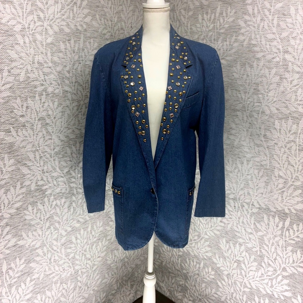 Vintage 80s 90s Denim Blazer Womens XL Studded Rhinestone‎ Western Statement